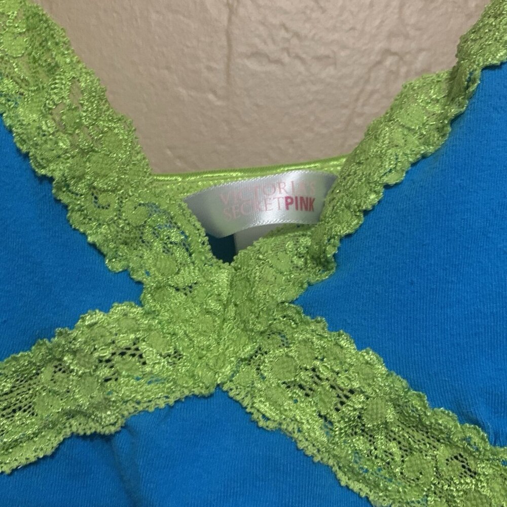 VTG Pink by VS BabydolI Top Indigo Blue Lined Neon Green Lace Sz L Y2K Coquette - Picture 5 of 7